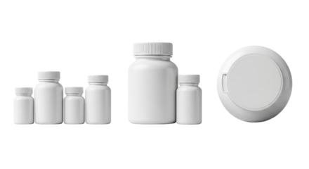 A group of white pill bottles of various sizes arranged on a black background in a studio shot