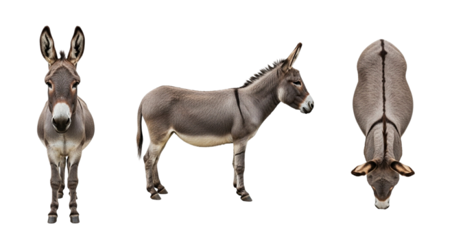 Three donkey poses showing front profile and top view on black background studio shot isolated