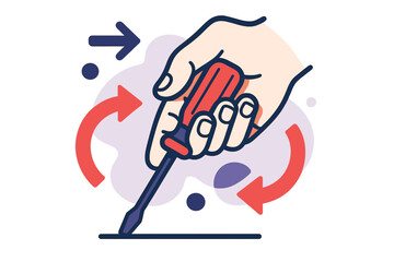 Screwdriver Twist Dynamics. Twist Motion Illustration. A hand demonstrates twisting a screwdriver clockwise;