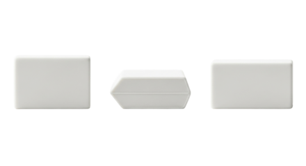 Three white rectangular devices aligned on a black background showing different perspectives views