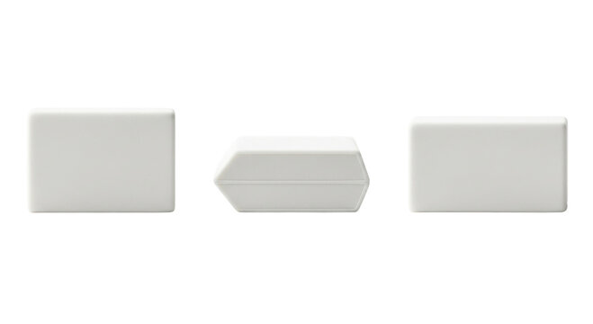 Three white rectangular devices aligned on a black background showing different perspectives views