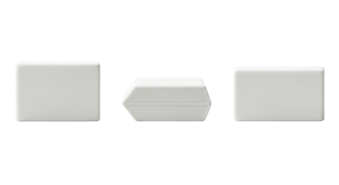 Three white rectangular devices aligned on a black background showing different perspectives views