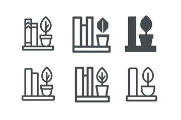 Fototapeta premium Cozy Corner Logos. Setting up a cozy corner with comfy seating for casual chats. Set Logo of cozy corner: bookshelf with potted plant. Icon set. harmonious