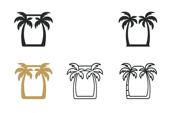 Tropical Logo Variations. Tropical palm tree decor for summer events. Set Logo of Tropical palm tree decor for summer events: beach photo booth frame with palm