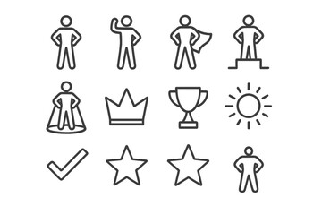 Power Stance Icons. Power stance. Line icon set of power stance: person standing tall, arms on hips, raised fist, confident stance, superhero silhouette,