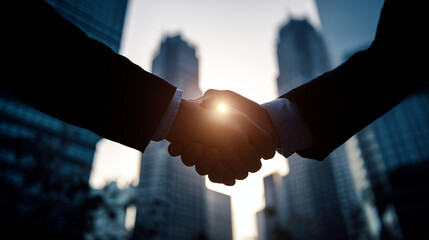 nspiring image captures a firm handshake between two individuals at sunset, symbolizing trust, partnership, and successful collaboration