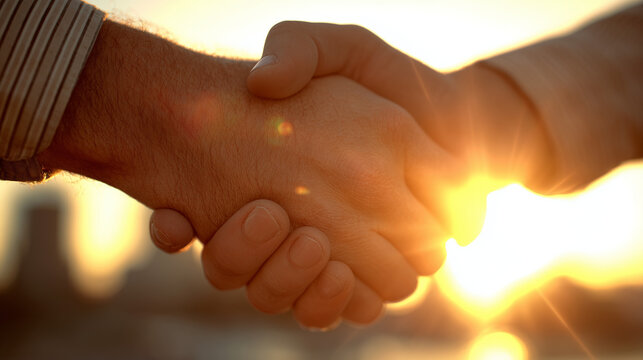 nspiring image captures a firm handshake between two individuals at sunset, symbolizing trust, partnership, and successful collaboration