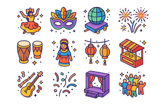 Global Celebration Icons. Global celebration. Colorful isometric vector icons set of global celebration: traditional dance, festival mask, parade float,