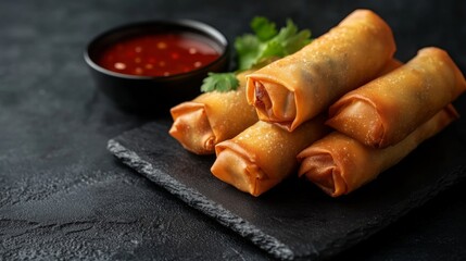 Freshly cooked spring rolls served on a black slate board. These flavorful treats are accompanied by a small dish of dipping sauce and garnished with parsley.
