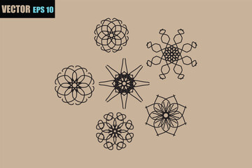 Intricate geometric ornaments and snowflakes in a circular arrangement on a neutral background