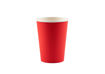 Vibrant red disposable paper cup with crisp white rim and base, standing upright on a transparent background with ample copy space, eye-level macro shot, concept for product display advertising