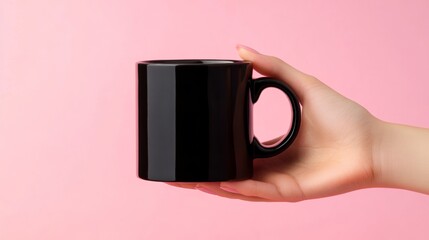 A hand holds a sleek black coffee mug with a contrasting white interior against a solid background.