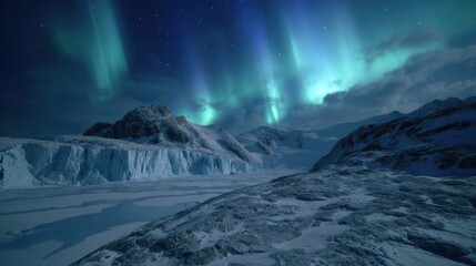 Завораживающий пейзаж с ледяными скалами и зелеными столбами сияния в ночном небе, усыпанном звездами. Фантастический фон.