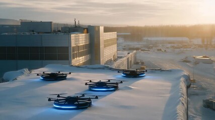 Snowy warehouse rooftop with drone takeoff pads glowing blue in early morning — visualizing technological precision, cold-weather logistics, and autonomous innovation. cinematic color correction, - Powered by Adobe