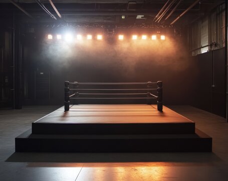 An empty boxing ring in a dark gym, illuminated by powerful floodlights. Smoke, a dramatic atmosphere, anticipation of the fight.