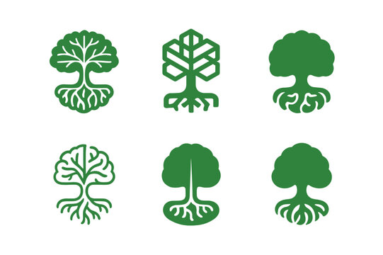 Nature Therapy Logos. Nature-based therapies for mental health. Set Logo of Nature-based therapies for mental health: tree with intertwined brain roots. Icon