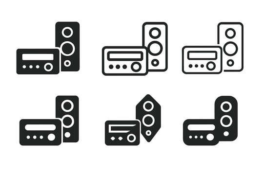 Home Theater Icons. Installing a new home theater sound system. Set Logo of Installing a new home theater sound system: receiver unit knobs. Icon