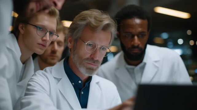 Team of data scientists and chemists collaborating in smart laboratory surrounded by digital dashboards, emotion of excitement visible, representing interdisciplinary innovation, materials AI