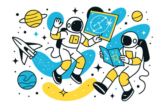 Astronauts in Cosmic Adventure. space exploration. Astronauts floating in zero gravity, stars and planets surrounding them, a sense of adventure and discovery.