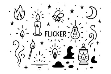 Flicker Doodle Icons. Flicker. Hand-drawn doodle illustration flicker candle flame, spark lines, firefly, matchstick, glowing bulb, lantern, shadow shapes,