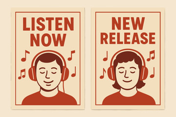 Retro Music Banners. Listeners. Two vertical A6 banners with safe margins, centered composition, no elements touching edges, retro, red and beige, music notes,