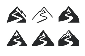 Mountain Road Logos. Mountain pass road. Set Logo of Mountain pass road: switchback hairpin. harmonious logo variations of the same emblematic concept, each