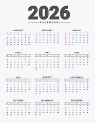 Minimal 2026 English Calendar with Sunday Start Layout