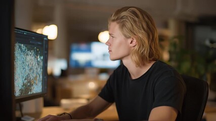 Technician comparing live production data with virtual twin visualization on holographic screen, emotion of focus visible, representing predictive analytics, industrial optimization, and AI-driven - Powered by Adobe