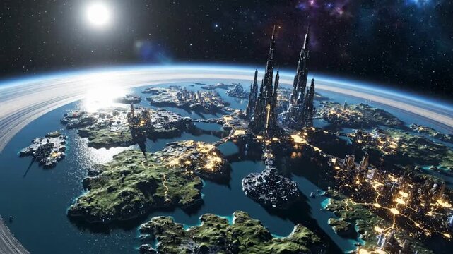 Futuristic metropolis on a ringed planet with glowing city lights and stunning architecture reveals a breathtaking extraterrestrial vista