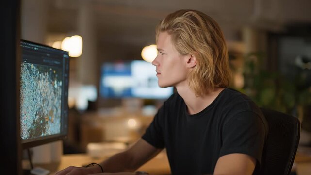 Technician comparing live production data with virtual twin visualization on holographic screen, emotion of focus visible, representing predictive analytics, industrial optimization, and AI-driven