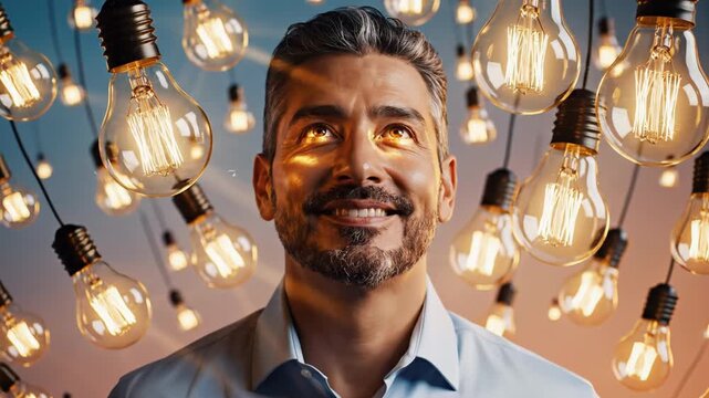 innovator dreams brightly, creative thinker envisions shining insights, business founder reflects on glowing innovative concepts, entrepreneur ponders luminous and inspiring creative sparks