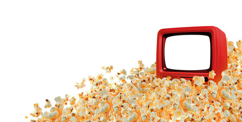 Filme com pipoca em casa. Tv de tubo antiga em meio a pipocas crocantes. Cineminha e s&eacute;ries no conforto do lar