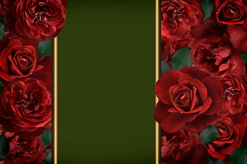 Postcard with red roses on a green background with gold frame and copy space.