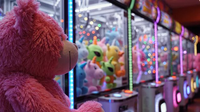 A close up of a pink teddy bear in front of a row of colorful arcade claw machines filled with plush toys