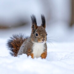 Fototapeta premium A fluffy, reddish-brown squirrel stands in fresh, white snow