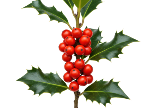 Vibrant holly branch, glossy red berries, deep green spiky leaves, isolated on transparent background, ample copy space, soft studio lighting. Classic Christmas and winter holiday atmosphere - Powered by Adobe