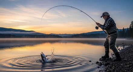 Man fly fishing in a lake at sunrise with a fish biting the lure, creating a dramatic splash. Hobby and leisure activity.