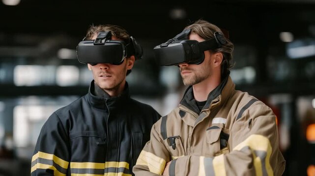 Virtual reality firefighter training for 911 emergency simulation scenarios &mdash; trainees wearing VR headsets practicing high-rise fire rescues in hyper-realistic simulated environments. cinematic