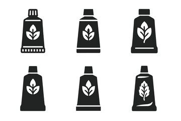 Fototapeta premium Mint Toothpaste Logos. Toothpaste tube. Set Logo of Toothpaste tube: open tube with mint leaf. Icon set. harmonious logo variations of the same emblematic