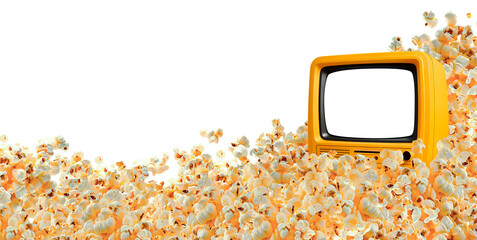 Tv de tubo antiga amarela em branco em meio a um amontoado de pipocas deliciosas. Cinema em casa