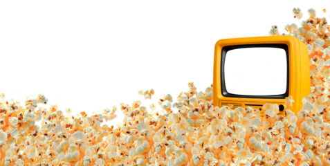 Tv de tubo antiga amarela em branco em meio a um amontoado de pipocas deliciosas. Cinema em casa