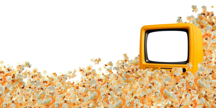 Tv de tubo antiga amarela em branco em meio a um amontoado de pipocas deliciosas. Cinema em casa