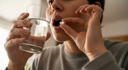 Woman taking a pill with a glass of water, medicine for pain or sickness, dietary supplement or daily vitamin for health and wellness.