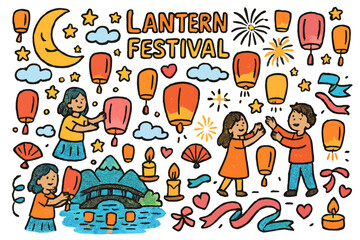 Fototapeta premium Colorful Lantern Festival Scene. Lantern festival. Colorful Hand-drawn doodle Children illustration Lantern festival glowing lanterns, moon, stars, fireworks,