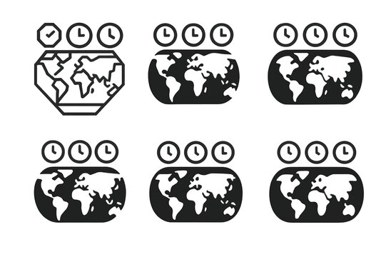 Remote Work Logos. Remote work hubs. Set Logo of remote work hubs: world map with timezone clocks. Icon set. harmonious logo variations of the same emblematic