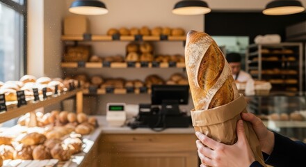 Person holding freshly baked baguette in a paper bag, shopping for traditional bread at a bakery or pastry shop with delicious food.