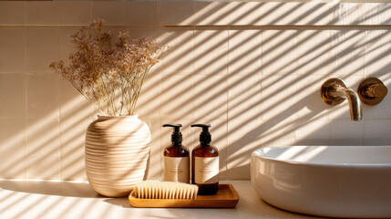 Minimal bathroom interior with handmade ceramic decor, sunlight reflections, clean design, self-care ritual, serene lifestyle