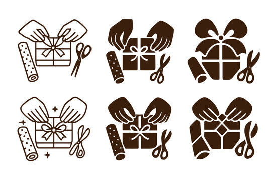 Holiday Gift Logo Set. Wrapping gifts together for holidays. Set Logo of wrapping gifts together for holidays: decorative wrapping elements. Icon