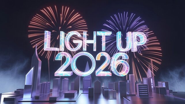 Dynamic 3D render of holographic "Light Up 2026" text above a stylized city skyline with colorful fireworks celebrating New Year's Eve or a major event.