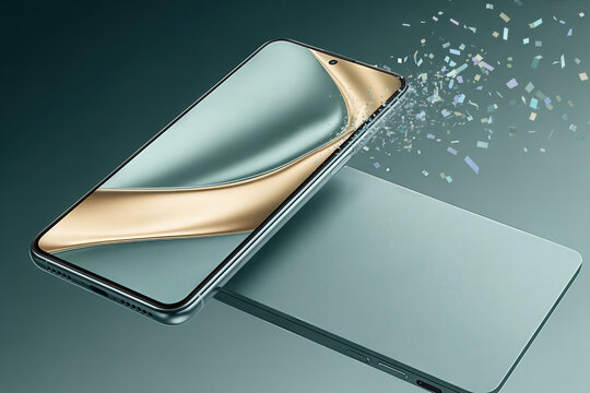 Sleek 3D rendered smartphone display mockup showing dynamic teal and gold abstract wallpaper texture with a celebratory confetti burst, symbolizing innovation and high-tech elegance. - Powered by Adobe